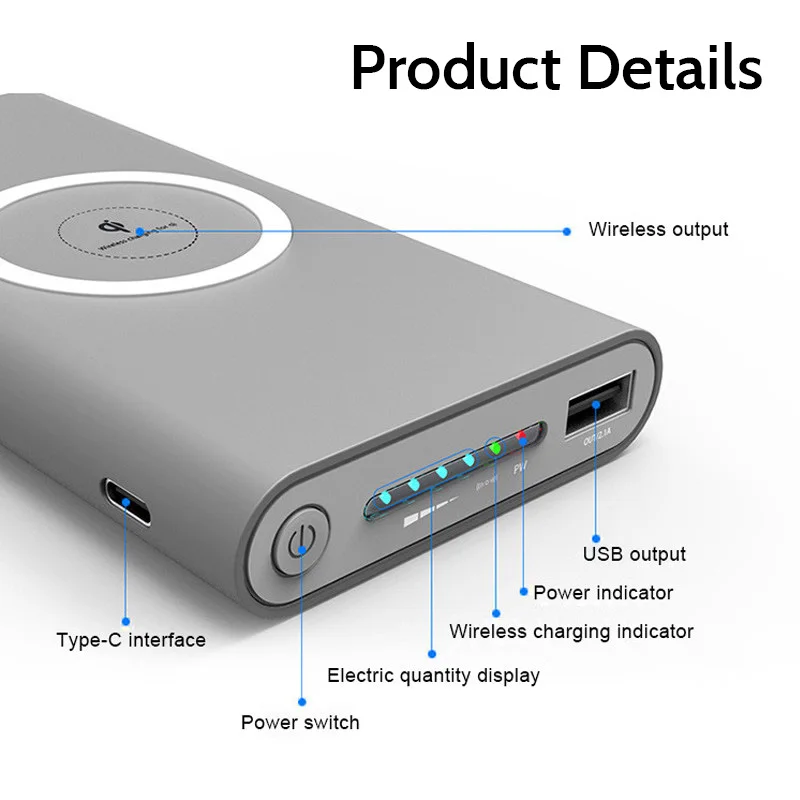Banco de energía de carga inalámbrica para teléfono, cargador de batería externo de 30000mAh, 2 USB, para iphone y Android - Imagen 3