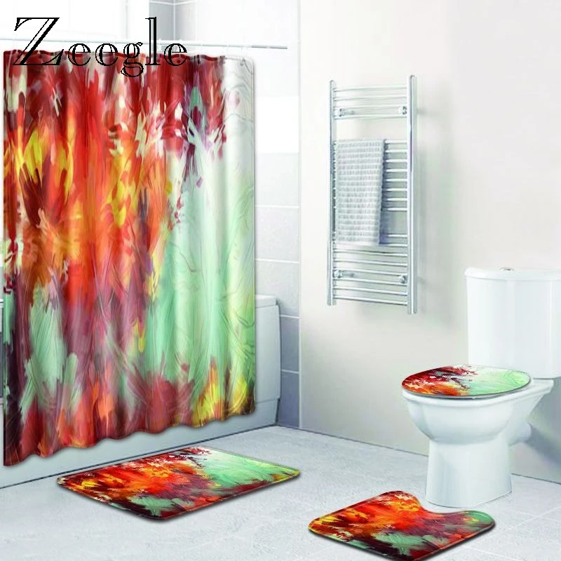 Zeegle Colourful Bath Curtain with Mat Set 4pcs Toilet Rug Set Toilet U Type Mat Anti-slip Shower Mat Doormat Washable Bath Mat
