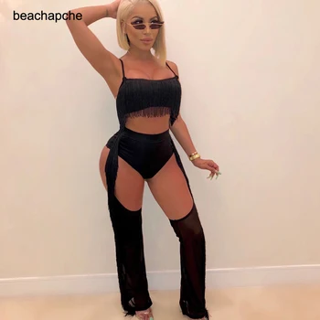 

Sexy Women Tassel Suit Fluorescent Powder Pink Crop Top And Mesh Pant Party Hot Two Piece Set Party Club Outfit