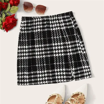 ROMWE Plaid Textured Mini Skirts Womens Spring Fall 2019 Clothes Mid Waist Black Skirt White Skirt A Line Split Hem Korean Skirt 1