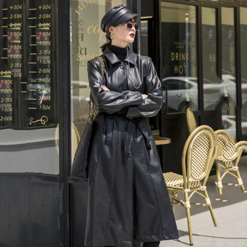 Women's New Spring And Autumn Coat Leather Long Paragraph Lapel Sashes Loose Pu Leather Windbreaker F171