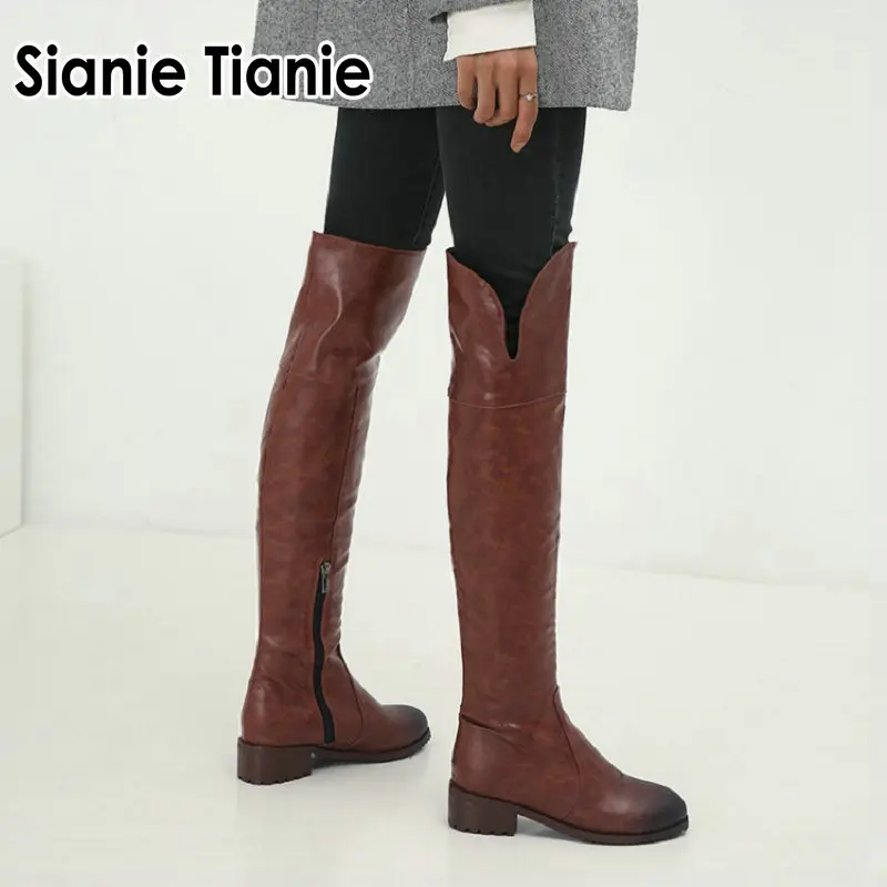 

Sianie Tianie 2019 round toe black brown winter horse riding boots women chunky med heels shoes cowgirls overknee boots loose female over-the-knee high boots botas big size 44 45