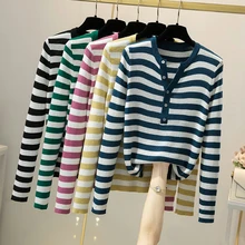 

Striped Button V Neck Sweater Women Pullover Autumn Winter Korean Fashion Female Sweaters Slim Soft Knit Warm Jumpers Pull Femme