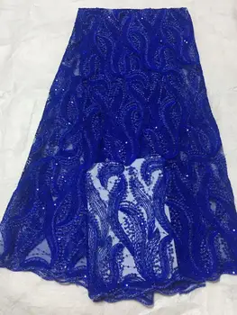 

Latest African Lace Fabric 2019 High Quality Tulle Sequins Lace Fabric Nigerian Sequence Lace Fabric for Dress Royal blue