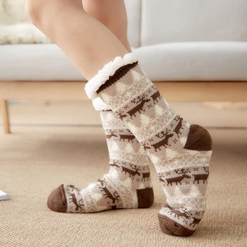 

Ladies Trendy Print Home Socks Merry Christmas Winter Keep Warm Adult Socks Women Sweet Plus velvet Anti-skid Carpet Socks Xmas