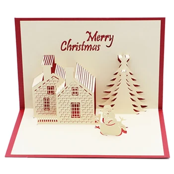 

1pcs Red Christmas Castle 3D Laser Cut Pop Up Paper Handmade Postcards Custom Wholesale Greeting Cards Xmas Gifts