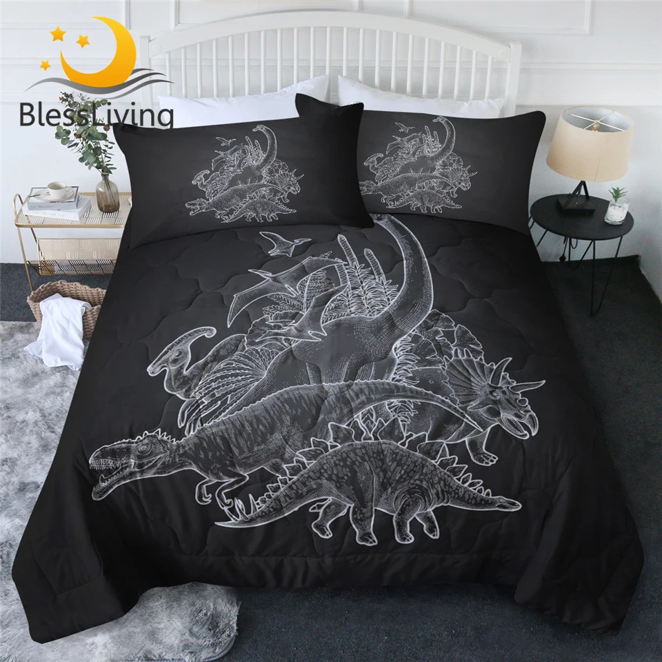

BlessLiving Dinosaur Summer Quilt Set Jurassic Animal Blanket Lush Prehistoric Plants Bedding Black White Bedspread Cozy Colcha