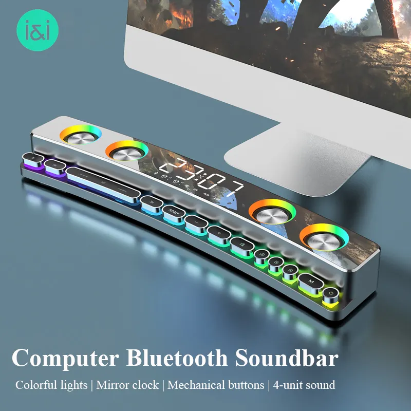 3600mAh Bluetooth Wireless Game Speaker soundbar USB 3D Stereo Subwoofer AUX FM Home Clock Indoor Sound Bar Computer