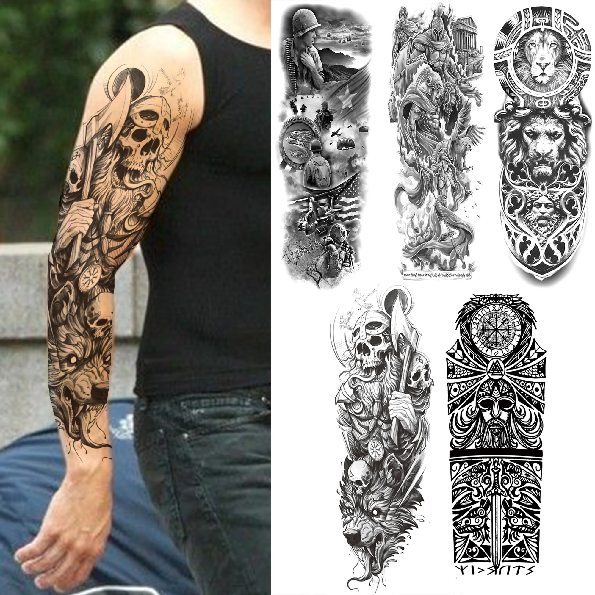 Black Skull And Axe Full Sleeve Temporary Tattoos For Men Adult Fake Lion  Samurai Army Tattoo Maori Totem Arm Tattoo Sticker Big|Temporary Tattoos| -  AliExpress