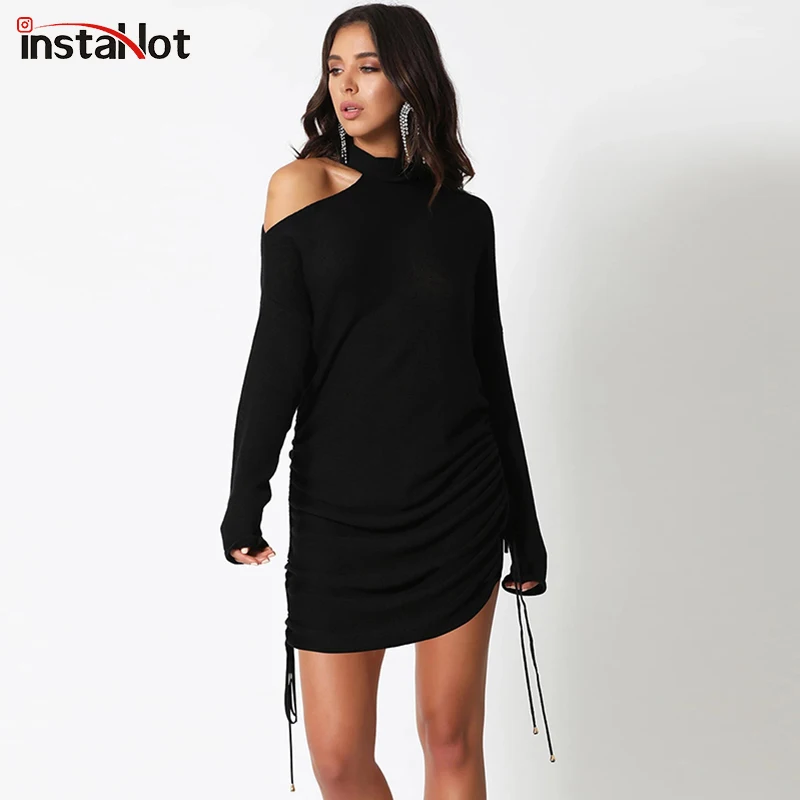 

InstaHot Skew Collar Drawstring Hem Dress Elegant Irregular Black Long Sleeve Hollow Out Cusual Fashion Autumn Mini Dresses Hot