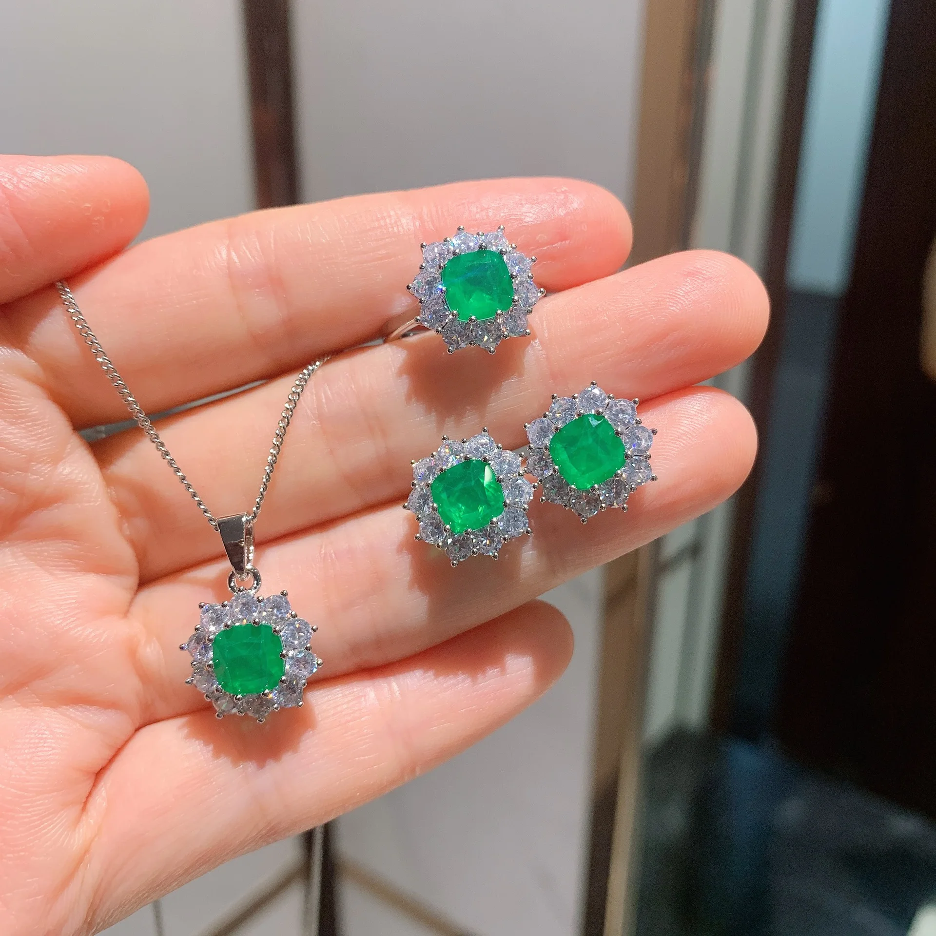 QTT Dazzling Bridal Wedding Accessories Sets Square Paraiba Emerald  Tourmaline Stone Necklace Ring Earrings Creative Jewelry