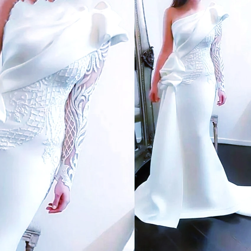 

Elegant One Shoulder Mermaid Long Evening Dress 2020 White Long Sleeves Arabic Prom Dresses Satin Ruffles Applique Formal Gowns