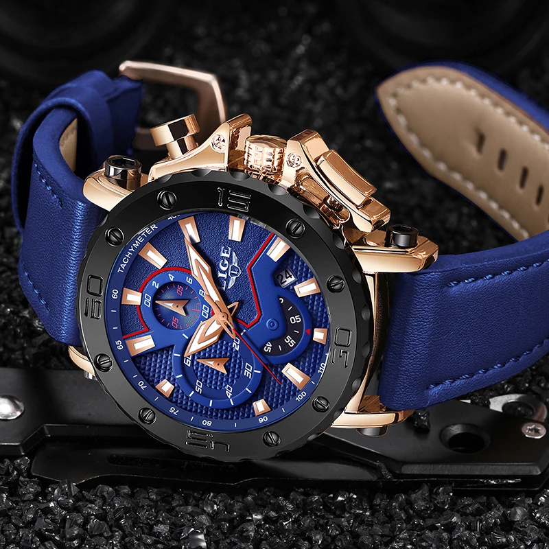 Mens Watches Lige Top Brand Luxury Big Dial Military Quartz Watch Blue Leather Waterproof Spor-4