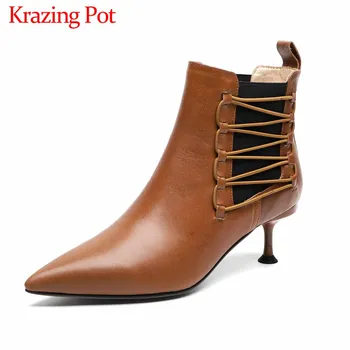 

Krazing Pot mixed colors lace up pointed toe cow leather Chelsea boots stiletto high heels winter fashion women ankle boots L25