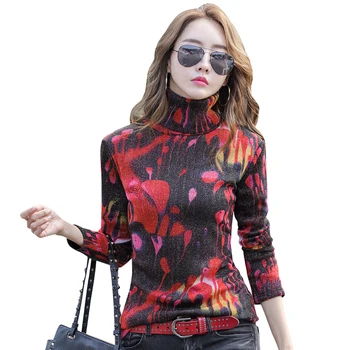

Bright silk Print Turtleneck Thick Fleece Basic Shirts Women Long Sleeve Winter Korean style Slim Tshirt Bottoming Mujer