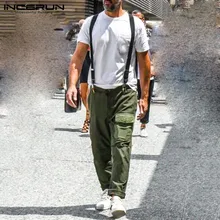 INCERUN, мужские брюки карго, одноцветные,, мешковатые с карманами, на пуговицах, комбинезоны, подтяжки, высокая уличная мода, повседневные брюки для мужчин размера плюс