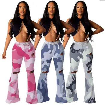 

New Jeans fashion active wear long camouflage Print pants trouser Winter women autumn hole zipper fly high waist denim flare