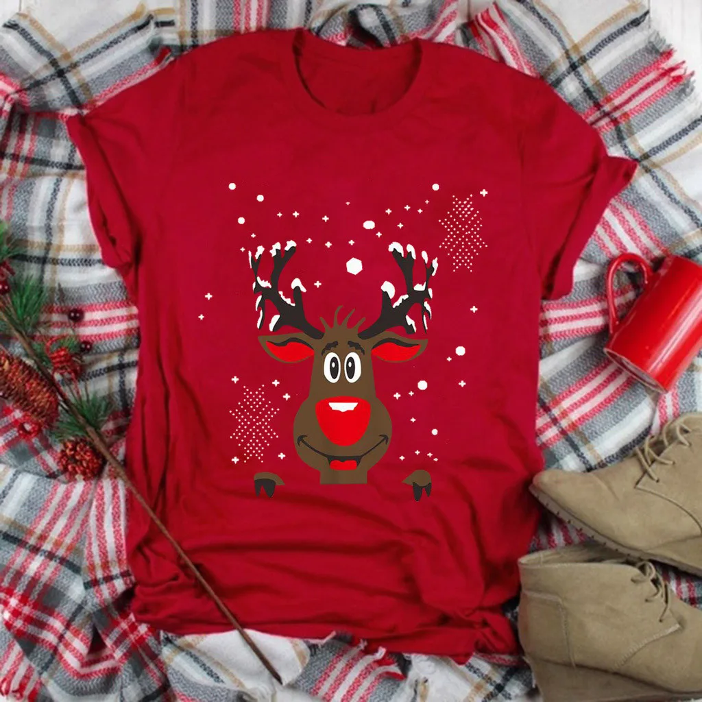 

plaid merry christmas t shirt women ladies Short Sleeve Christmas Print Cute T-shirt Tops shirts under winter wear #3