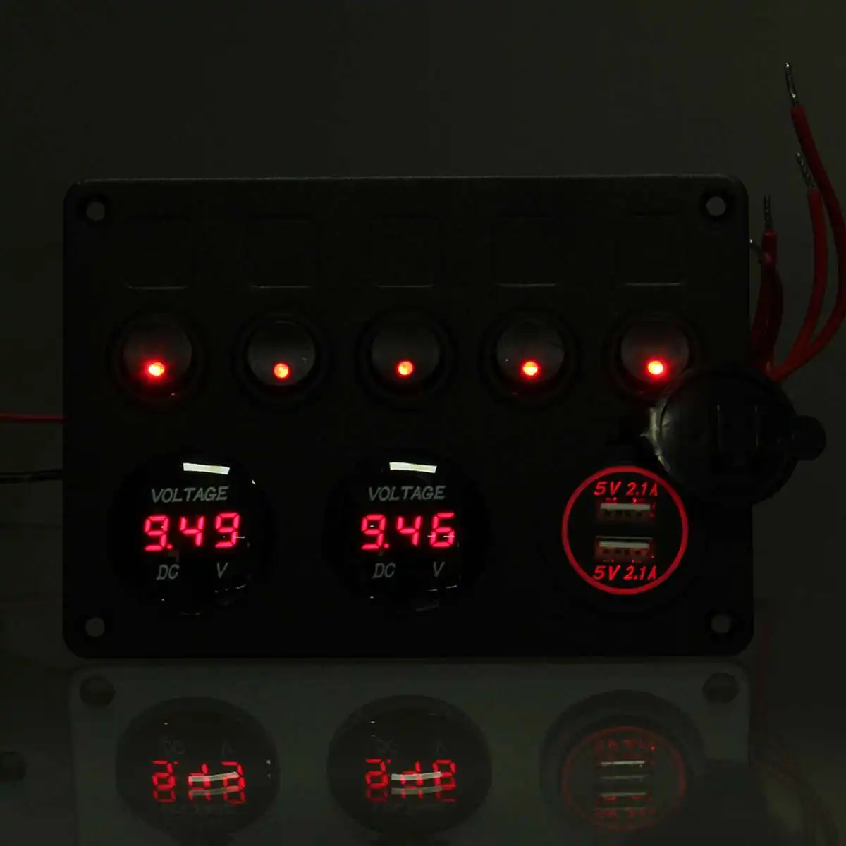 12V/24V Universal 5 Gang Car Marine Boat LED Rocker Switch Panel Circuit Digital Voltmeter Dual USB Port Outlet with DIY sticker