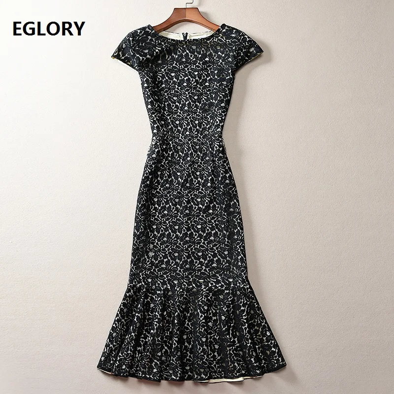 Платье-Русалка Женское кружевное средней длины с круглым вырезом и коротким