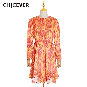 

CHICEVER Print Hollow Out Dress For Women O Neck Long Sleeve High Waist Hit Color Dresses Female Clothing Fashion 2020 New Tide
