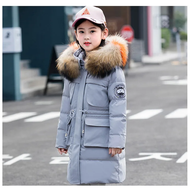 От 5 до 15 лет, Детский пуховик для девочек зимнее плотное теплое длинное пальто, парка детская верхняя одежда с капюшоном из натурального меха енота, одежда
