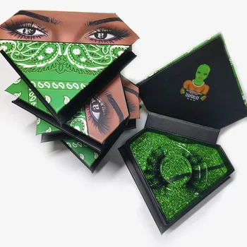 

Green Bandana Diamond Mink Eyelashes Packaging Box Custom Mink Lashes Case 100PCS Private Label Free Transparent Lash Holder