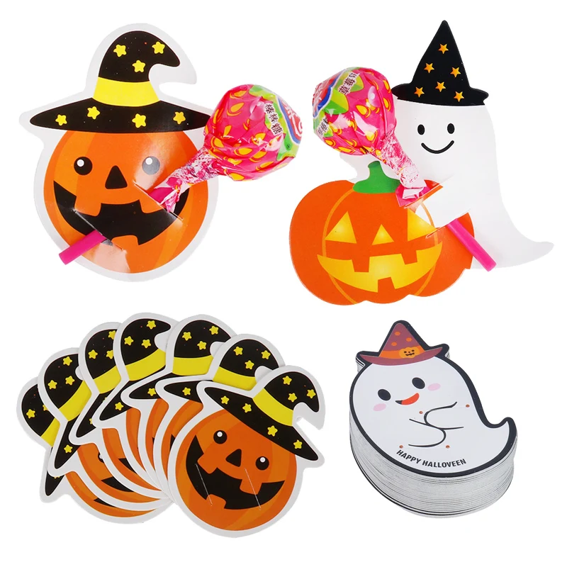 

50pcs Halloween Decor Candy Lollipop Holder Paper Card Ghost Pumpkin Packaging Card Children Halloween Gifts Kids Party Favor