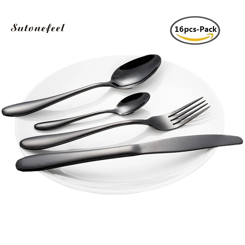 

16PCS Dinnerware Set Stainless Steel Black Cutlery Sets Fork Spoon Scoop Knife Dishware Set Kitchen Tableware for Travel BBQ
