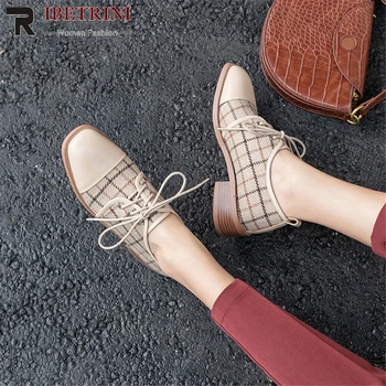 

RIBETRINI 2020 Trendy Brand Patchwork Dress Pumps Fashion Genuine Leather Office Pumps Women Med Chunky Heels Shoes Woman
