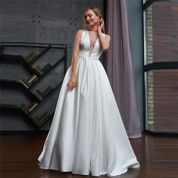 

Scoop Neck Satin A-Line Wedding Dresses Pearls Beaded Wedding Dresses Buttons Back Custom Sleeveless Bridal Gowns 2021 Formal