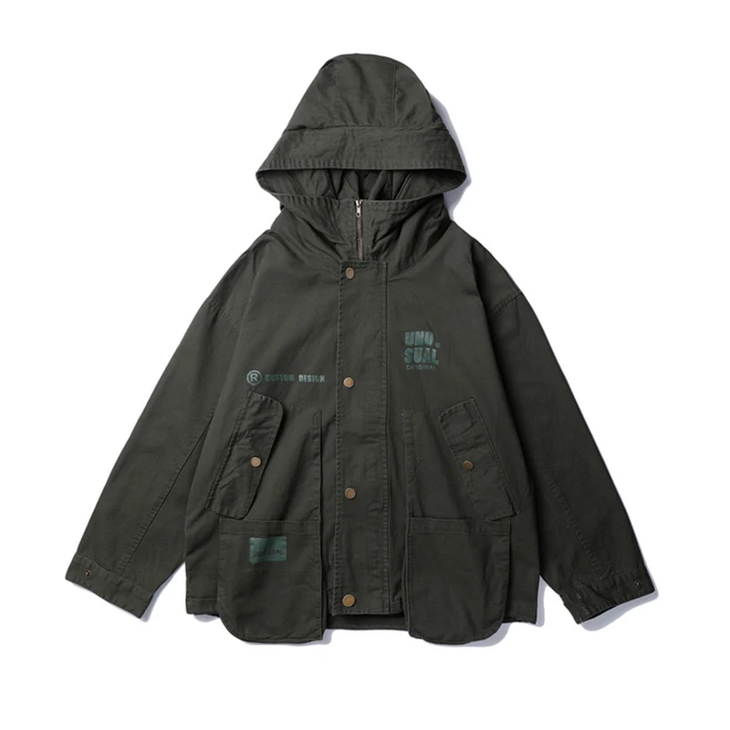 

Plegie Men Green Jacket Multi Pockets Unisex Hooded Coat Casual Loose Streetwear Mens Autumn Windbreaker Canvas jackets coats