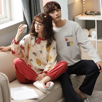 

Spring Autumn Knitted Cotton Cartoon Men's Pyjamas Couple Pajamas Set Casual Women's Sleepwear Night Pijamas 3XL Home Clothing
