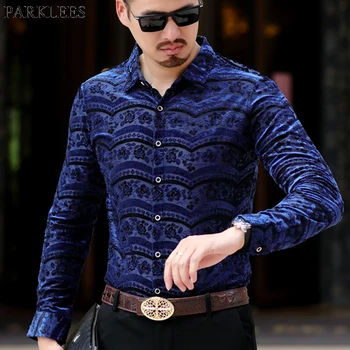 

Mens Luxury Wave Floral Embroidery Lace Shirt Slim Fit Long Sleeve Sexy Mesh Shirts Men Party Dinner Wedding Transparent Chemise