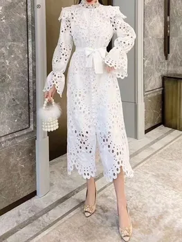 

Big brand heavy craftsmanship cotton embroidery hollow women's lace sexy dress 2020New women's wear autumn loose big swing dress