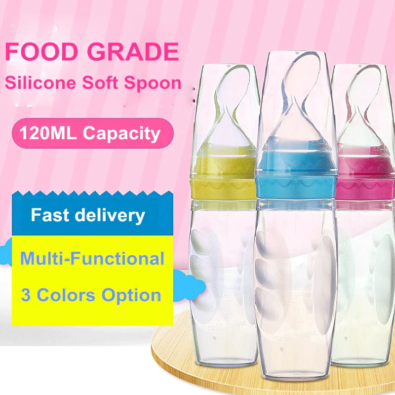 120ML Silicone Baby Bottle With Spoon Safe Food Supplement Rice Cereal