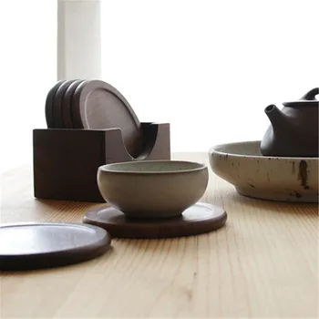 

6pcs / set Walnut Wood Coasters Placemats Decor Square Round Heat Resistant Drink Mat Home Table Tea Coffee Cup Pad