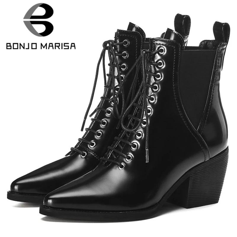 

BONJOMARISA New 33-42 Brand Black OL Booties Ladies Pointed Toe Genuine Leather Ankle Boots Women 2020 High Heels Shoes Woman