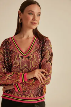 

Snake Pattern V-Neck Neon Multi Sweater Sweater-Neon Multi