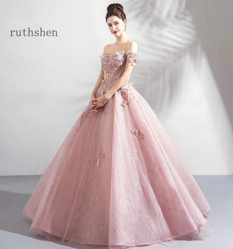 Dusty Pink Prom Dress Long 2020 New Off The Shoulder Beading Ball Gowns Formal Party Evening Gowns Tulle Robe De Soiree