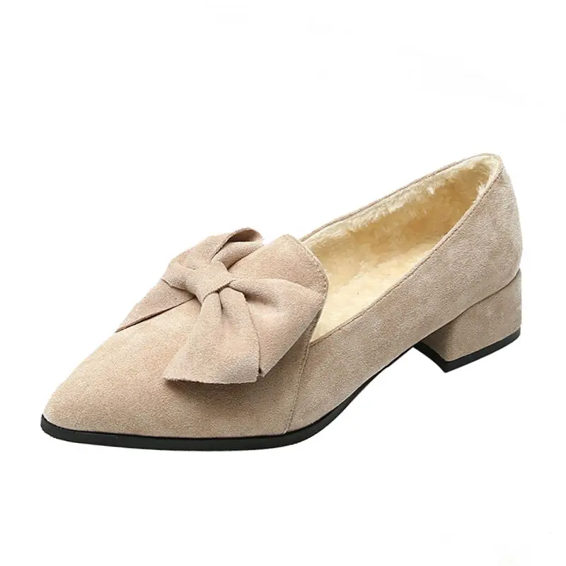 

2020 Spring Faux Fur Pumps Pointed Toe 4cm Med Block Heels Big Size 33-43 Winter Womens Shoes Bowtie Black Career Office Shoes