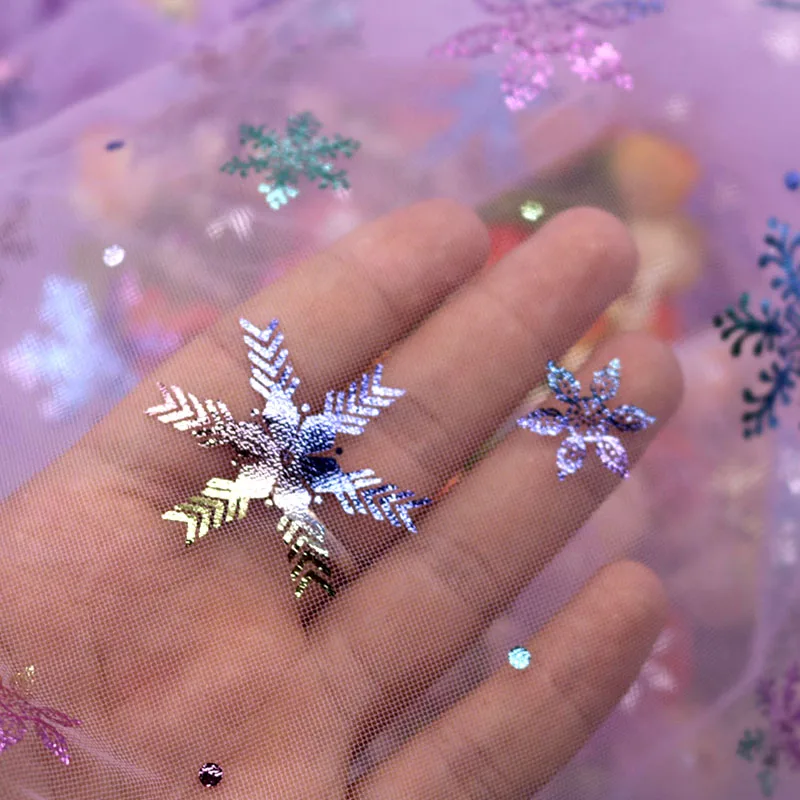 150cmx100cm Colorful Snowflake Soft Tulle Fabric Princess Dress Glitter Fabric New Year Organza Printed Bronzing Fabric