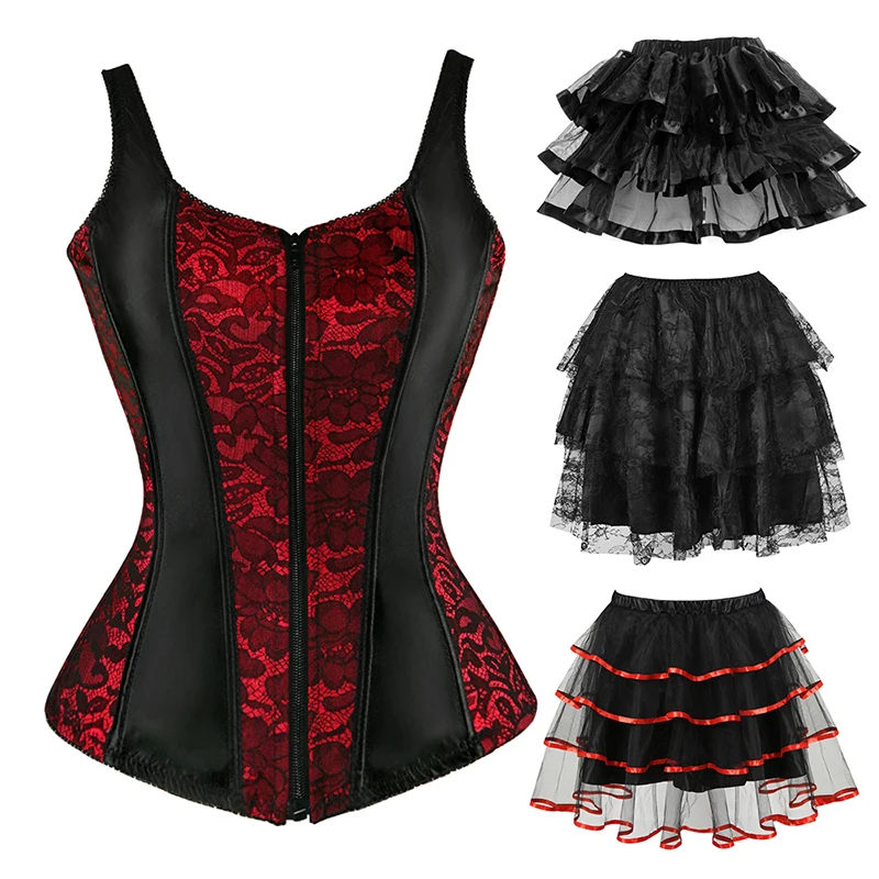 Overbust Corset Top with Straps Jacquard Corset Bustier Zipper Plus Size for Women Dress with Skirt Black Red purple