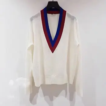 

2020 Women White Sweater Pull Knitted Mesh Hollow Out Spring Summer Long Sleeve Striped Patchwork V Neck Loose Thin Pullover