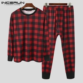 

Autumn Breathable Man Homewear Suit INCERUN Men Plaid Pajama Sets Leisure Long Sleeve Round Neck Tops Elastic Pants 2 Pieces 5XL
