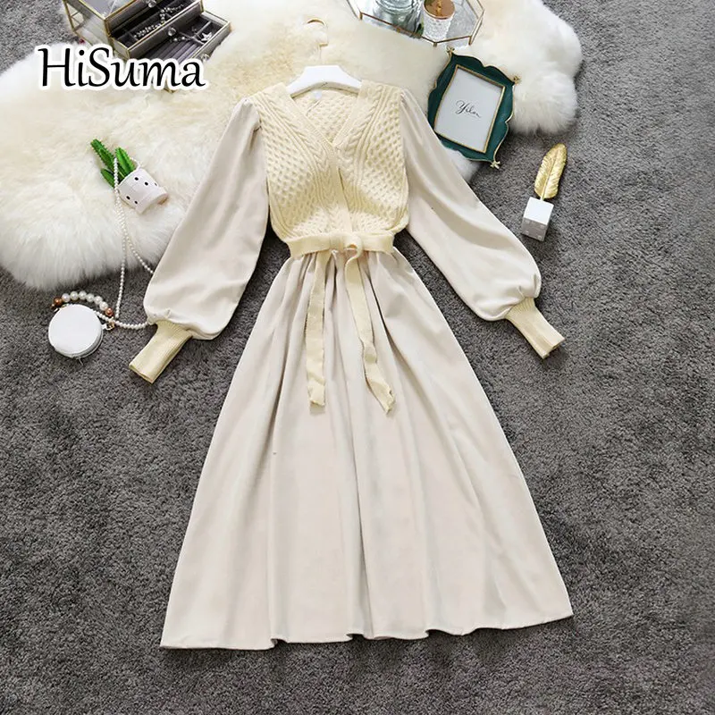 

2022 winter New Women V-Neck Puff Sleeve Knitted With Corduroy A-Line Dress Female Chic Elegant Lace-Up Sweater Dresses