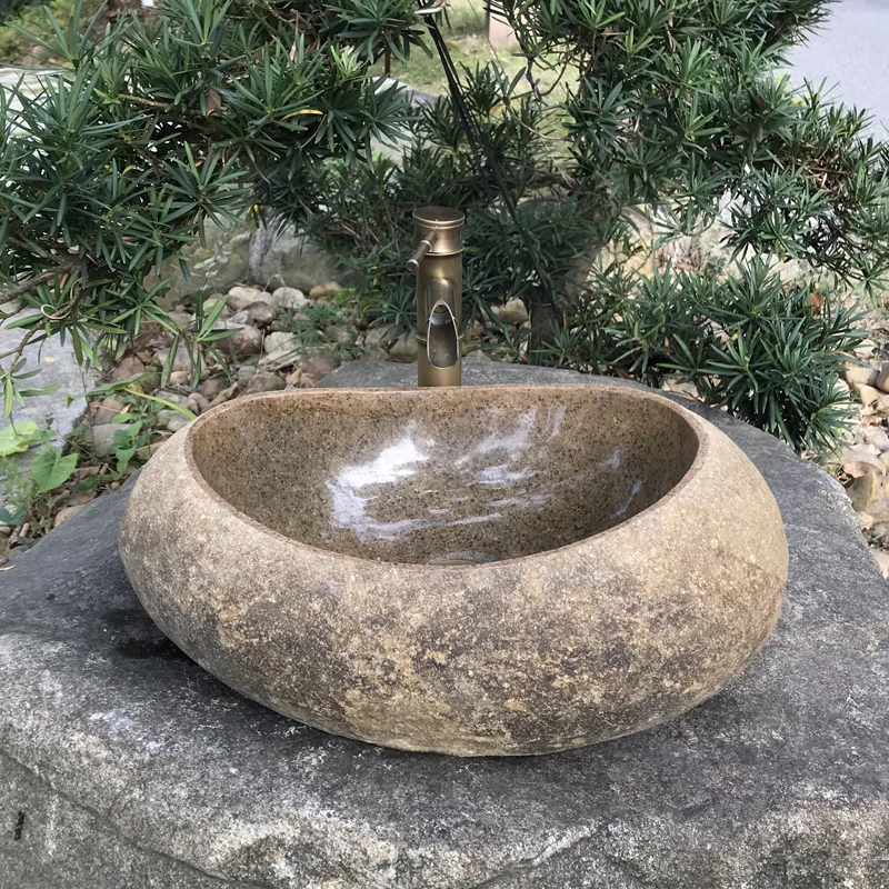 Natural Pebble Wash Basin Outdoor Stone Washbasin Courtyard Rough Stone Pool Garden Retro Table Basin Outdoor 3