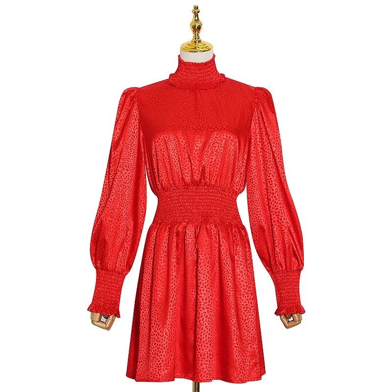 Sun-imperial - red long lantern sleeve leopard turtle neck a-line satin ...