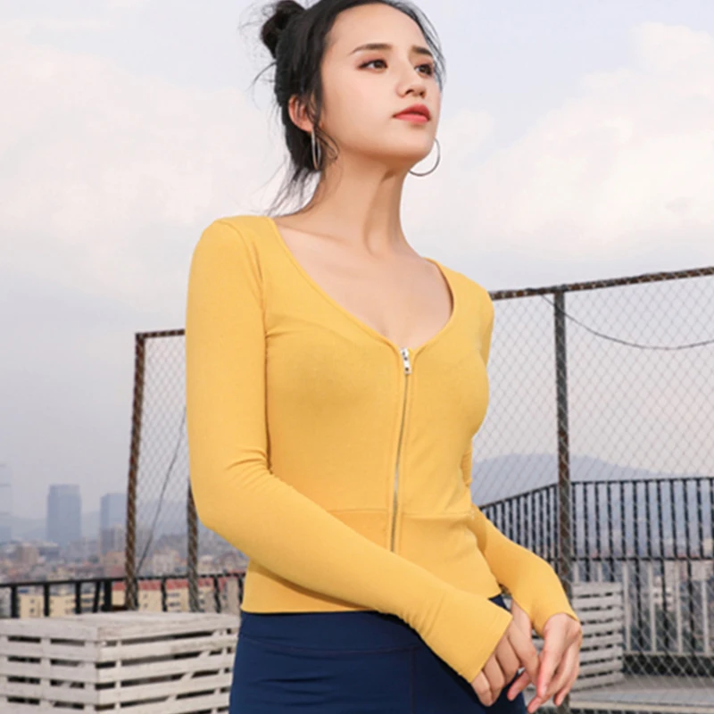 yellow Zhangyunuo туфли-лодочки с круглым вырезом и застежкой-молнией(Для Женщин Йога Топы Тренировки Бег ткань отводящая влагу спортивную одежду с длинными рукавами Спортивная одежда Фитнес - Цвет: yellow