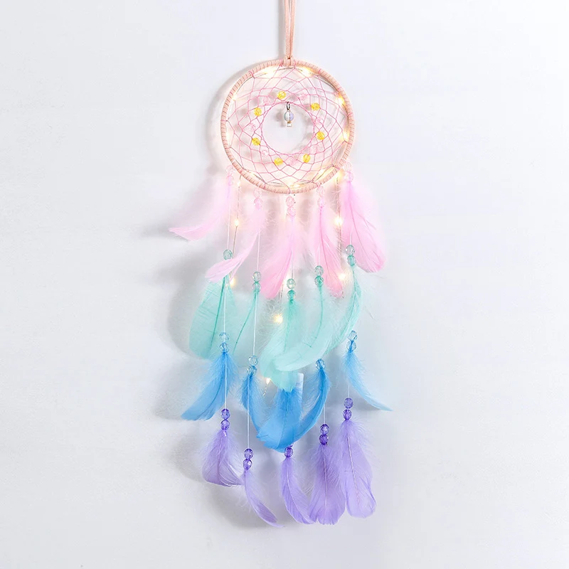 Handmade Dream Catcher With Feathers Lights Hanging Dreamcatcher Girls Kids Gift 